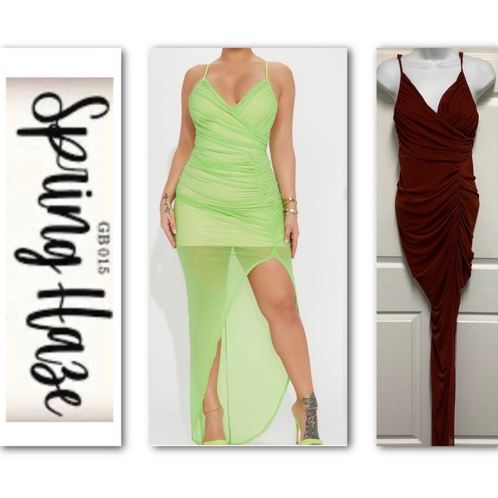 Spring Haze Rust Sheer Ruched Asymmetrical Maxi Dress